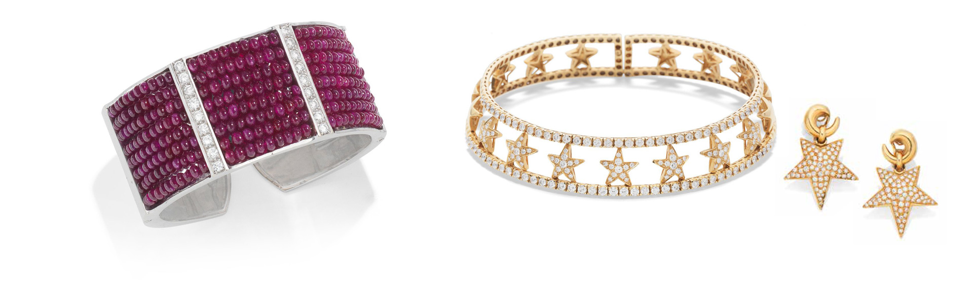 A ruby and diamond cuff, and a diamond star collar with a pair of pave set diamond ear clips