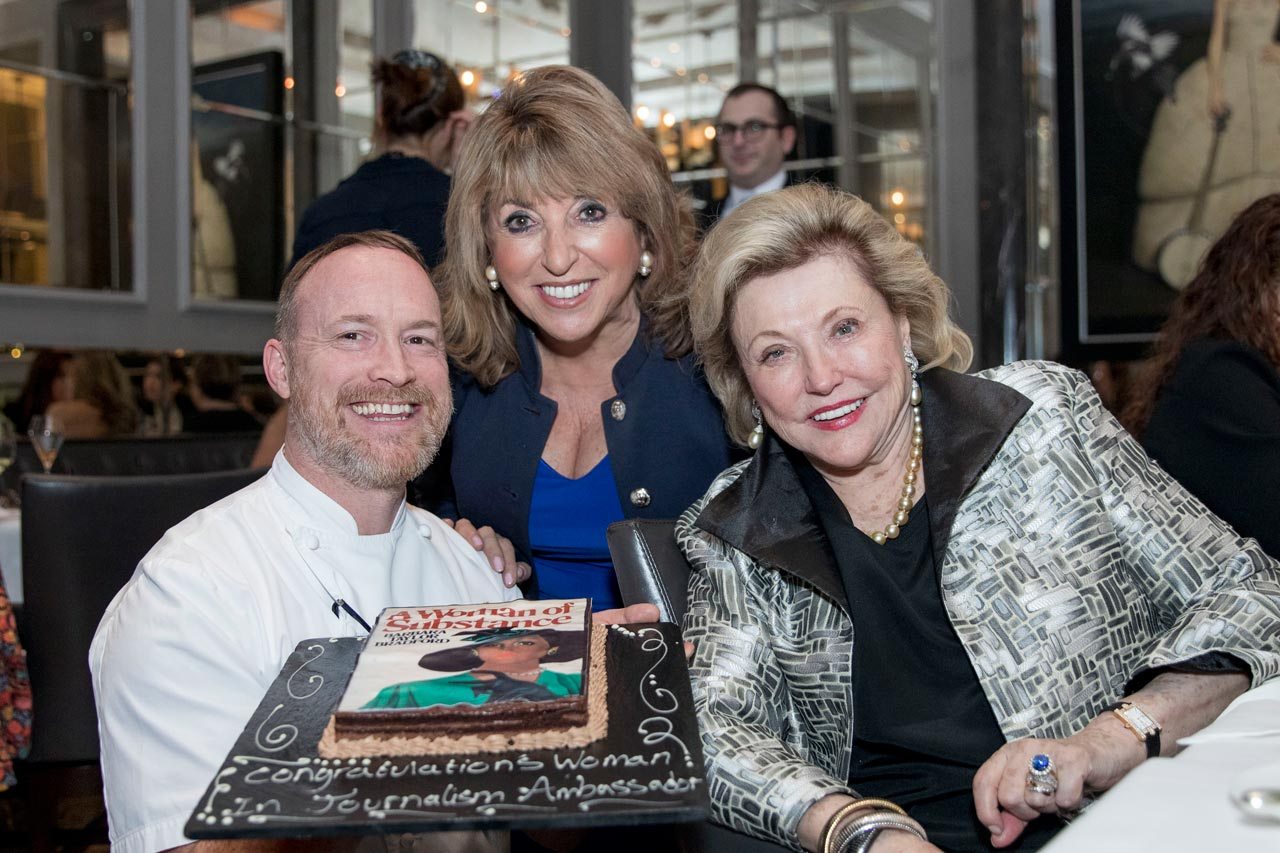 Barbara with Eve Pollard pictured at Corinthia London with Executive Chef André Garrett MCA.  The hotel created a spectacular cake with the original A Woman of Substance cover on it.